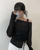 One Off Slit Shirring Long Sleeve T-shirt