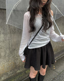 Jea Summer Long Sleeve Off Shoulder See Through Shirring T-Shirt