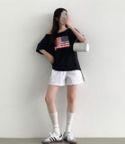 American Flag Loose Fit One Off Shoulder Short Sleeve T-shirt