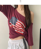 American Flag Loose Fit One Off Shoulder Short Sleeve T-shirt