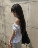Daming One Shoulder Off Shirring Ribbon T-Shirt