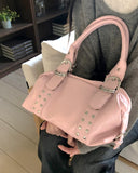 Clun Stud Eyelet Buckle Leather Shoulder Bag