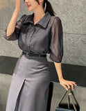 Charlotte See-Through Collar Three Quarter Blouse