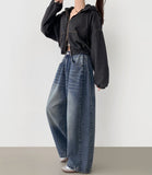 4 Seasons Washing Hem Snap Wide Balloon Denim Pants