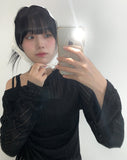 One Off Slit Shirring Long Sleeve T-shirt