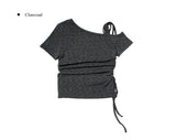 Newdy One Shoulder Open Ribbon Short Sleeve T-shirt