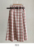 Macaroon Check Button A-Line Long Skirt (Belt Set)