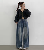 4 Seasons Washing Hem Snap Wide Balloon Denim Pants