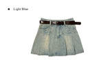 Sege Belt Denim Pleated Mini Skirt