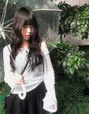 Jea Summer Long Sleeve Off Shoulder See Through Shirring T-Shirt