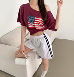 American Flag Loose Fit One Off Shoulder Short Sleeve T-shirt
