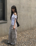 Daming One Shoulder Off Shirring Ribbon T-Shirt