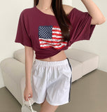 American Flag Loose Fit One Off Shoulder Short Sleeve T-shirt