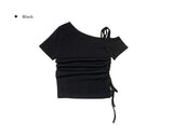 Newdy One Shoulder Open Ribbon Short Sleeve T-shirt