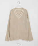 Hemp color matching V-neck knit