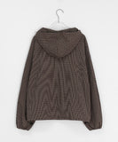 Henet small check two-way string crop hood zip-up