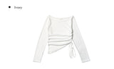 Jea Summer Long Sleeve Off Shoulder See Through Shirring T-Shirt