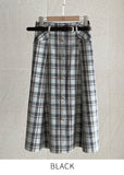 Macaroon Check Button A-Line Long Skirt (Belt Set)