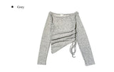 Jea Summer Long Sleeve Off Shoulder See Through Shirring T-Shirt