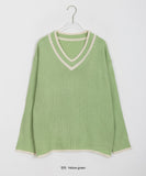 Hemp color matching V-neck knit