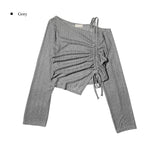 One Off Slit Shirring Long Sleeve T-shirt