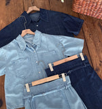 Inkaru denim collar shirt belt H-line skirt set