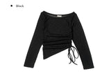 Jea Summer Long Sleeve Off Shoulder See Through Shirring T-Shirt