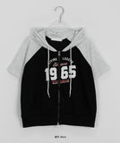 Heiru lettering crop two-way short sleeve hood zip-up