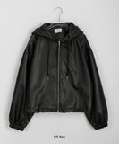 Hoiki String Cropped Leather Hood Zip-Up