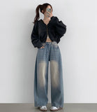 4 Seasons Washing Hem Snap Wide Balloon Denim Pants