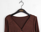 Pamil Vintage V-Neck Button Pleated Half-Length Short-Sleeved T-Shirt