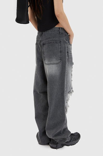 【Raucohouse】Gray brush destroyed wide denim pants Raucohouse