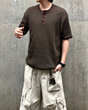 [Plan]Waffle Henley Neck Ringer Half Sleeve
