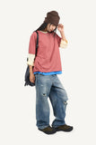 Slub color matching raglan three quarter T-shirt