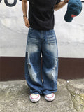 Wave Cat Washing Damage Denim Pants