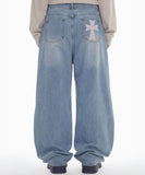 DOT CROSS Embroidered Wide Curved Jeans