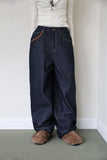 Suede patch denim pants