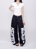 Monster Lettering Stitch Wide Denim Pants
