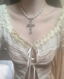 [only suzen] rofia Cross White Pearl Necklace