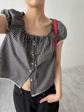Lace Check Cap Sleeve Blouse
