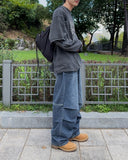 Grayish pin tuck denim pants
