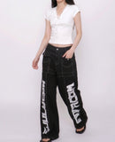 Monster Lettering Stitch Wide Denim Pants
