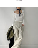 Heart Neck Ribbed Slim Knit