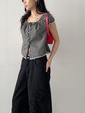 Lace Check Cap Sleeve Blouse