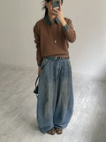 Curved Balloon Wide Denim Pants Mid Blue