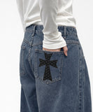 DOT CROSS Embroidered Wide Curved Jeans