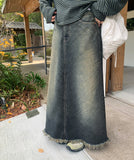Ikoi Vintage Fringe Washed Denim Long Skirt