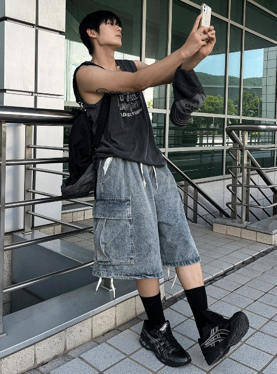 【COSYHARU】Cargo Bermuda Denim Half Pants cargo wide bermuda denim short pants - COSYHARU | 60