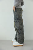 Washed fold cargo denim