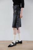 Two-belted leather midi skirt